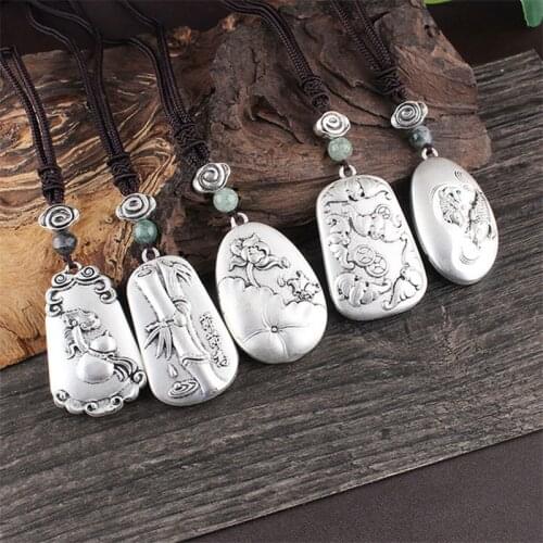 Retro Ethnic Ebony Pendant Long Necklaces for Women Lotus Natural Stone Peacock Carp Fish Buddhist Sweater Chain Jewelry Gifts