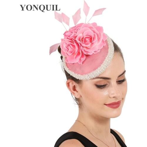 Vintage New Elegant Rose Flower Fascinator Party Dinner Hats With Peals Headwear Hats Women Occasion Church Event Headpiece