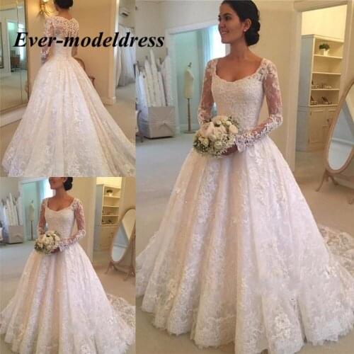 Vestido de noiva Vintage Lace Wedding Dresses 2019 Sheer Long Sleeve Scoop Ball Gown Appliques Sweep Train Robe De Mariee Ivory