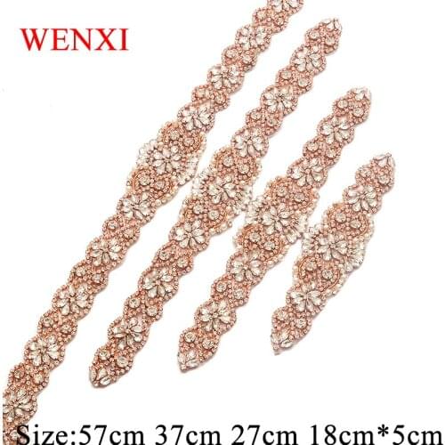 WENXI(5pcs)Wholesale Handmade Beaded Rose Gold Rhinestones Appliques Clear Crystal Sewing On For Dress Sash DIY Bridal Accessory