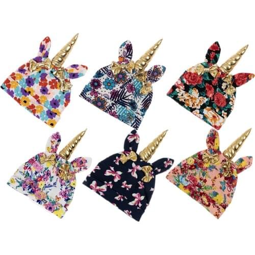 Yundfly Bohemian Bow Unicorn Hat Cotton Blend Flower Kids Cap Beanie Handmade Hats Hair Accessories Cute Gift
