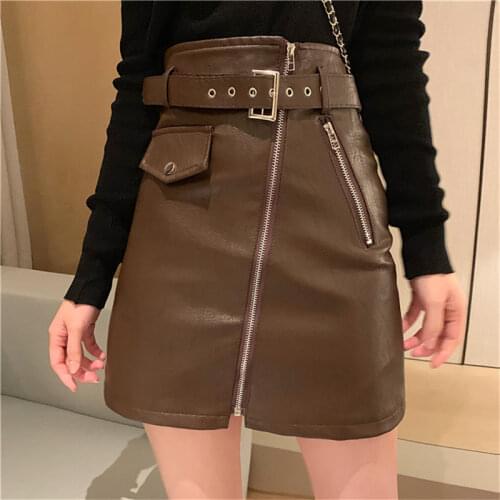 Alien Kitty Autumn Women PU Leather Sweet Solid Sashes A-Line Stylish Buttock-wrapped Sexy Plus Feminine Slender Mini Skirt