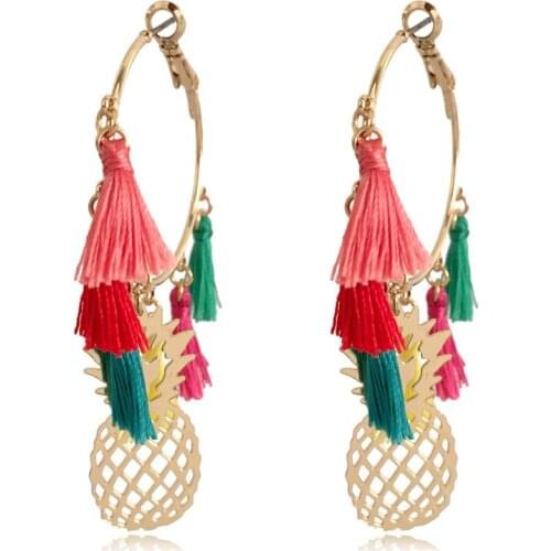 Bling Bling Boehmia Gold Color Plating Pineapple with Red Green Thread Tassel Dangle Hoop Earrings For Women Statement Jewelry