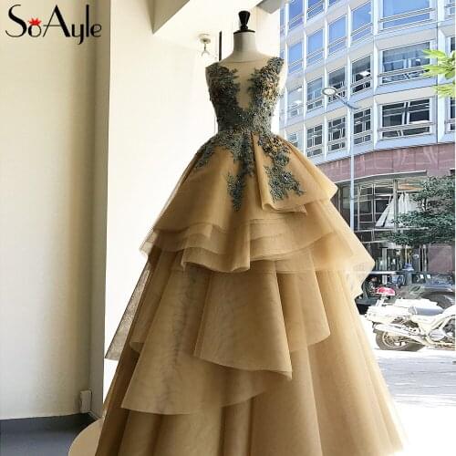 SoAyle Ball Gown Vestidos de festa Plus Size Prom Dresses Ball Gown Tulle Ruffles Beading Long Evening Dresses 2018 Arabia Style