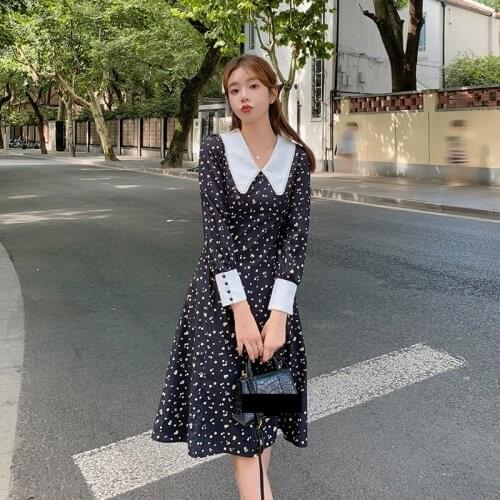 Hebe&Eos 2021 Autumn New Woman Vintage Floral Print Dress Black Peter Pan Collar Female Chic Long Sleeve Chiffon Dress Vestidos