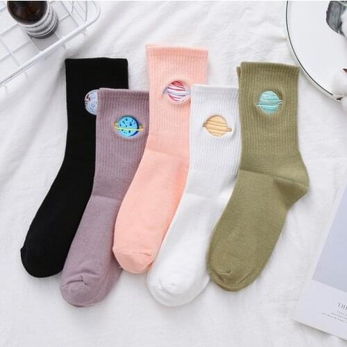 1 Pair Cute Cotton Soft Women Socks Planet Pattern Autumn Winter Thick Middle Tube Breathable Fashion Ladies Warm Casual Sox