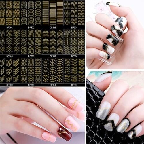 12 Sheets New Simple patterns Vintage Gold Metal Foil Decal DIY W V Wavy line Letter Designs Nail Stickers Decorations