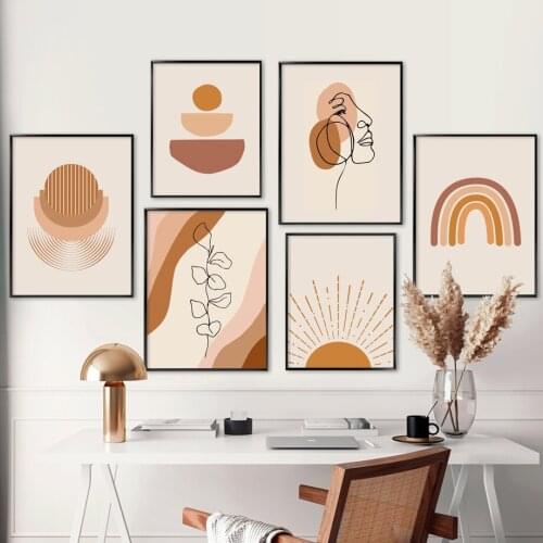 Girl Face Line Sun Plant Geometry Landscape Wall Art Canvas Painting Nordic Posters & Prints Wall Pictures For Living Room Decor