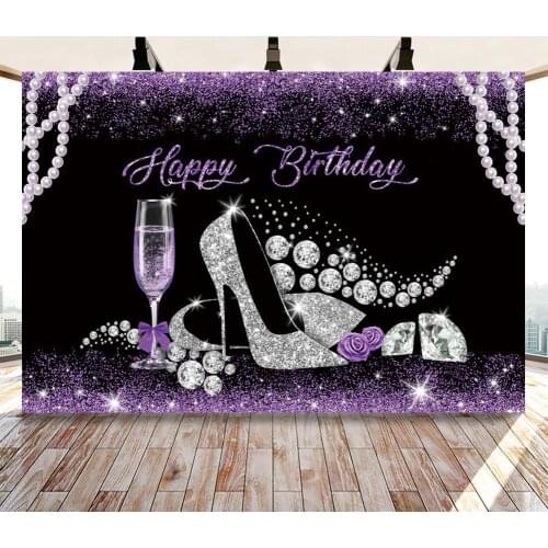 Woman Happy Birthday Party Backdrop Decor Glitter Purple Sliver Birthday Cake Table Background Rose Lady High Heels Photocall
