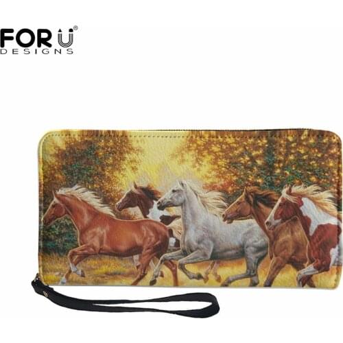 FORUDESIGNS Running Horse 3D Printed Long Purse for Women Luxury Card Package Leather PU Wallet with Hand Strap Casual Coin Bags