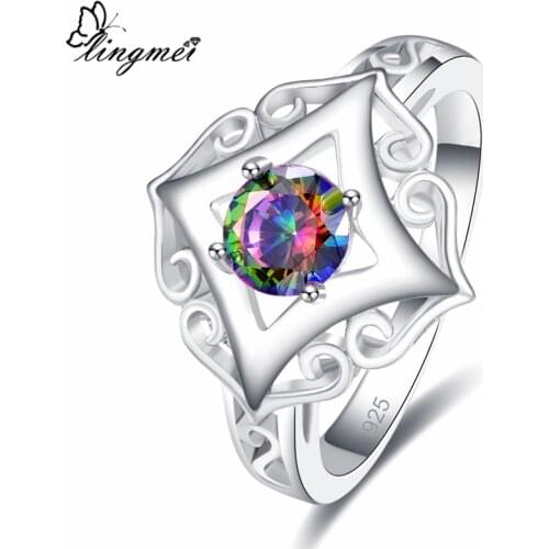 Lingmei Solitaire Stylish Gorgeous Wedding Rings Fashion Zircon Jewelry Silver ColorRing Size 6-9 Anniversary Gifts Christmas