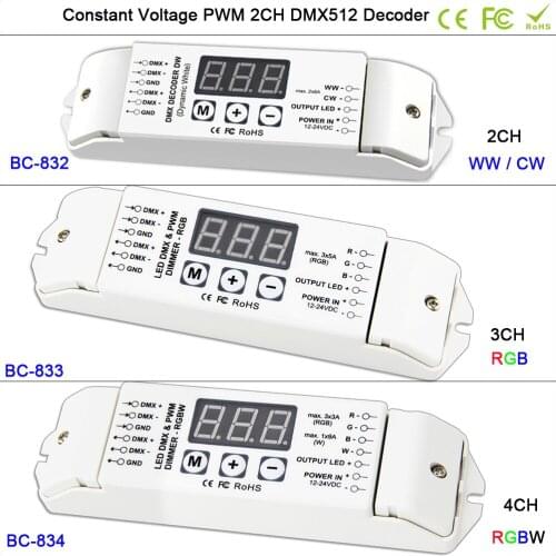 832/833/834 DC12V-24V 1990 decoder Controller 2CH 3CH 4CH led CV PWM DMX512/ for SMD 5050 WW CW / RGB /RGBW led strip tape lamp