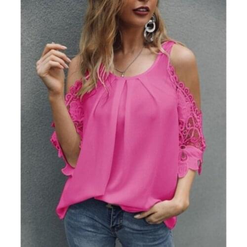 Summer Ladies Round Neck Sexy Hollow Strapless Solid Color Top Casual Loose Lace Half-sleeved T-shirt Fashion Daily Home Style
