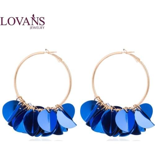 LOVANS New Fashion Women Big Hoop Earrings Sequin Round Alloy Drop Earrings White Blue Red Green Flowers Earrings Party Jewelry