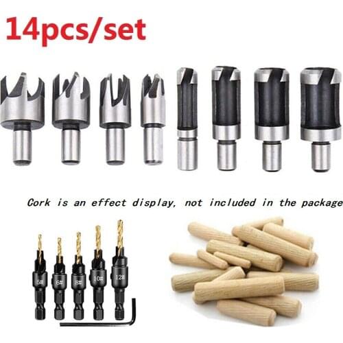 14Pcs Wood Plug Cutter Drill Cutting Tool Drill Bit Set Straight And Tapered Taper 5/8" 1/2" 3/8" 1/4" Woodworking Cork Drill Bi