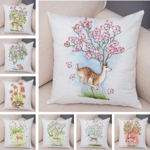 Nordic Style Cartoon Floral Deer Cushion Cover Decor Flower Animal Pillow case for Sofa Home Children Room Soft Plush Pillowcase