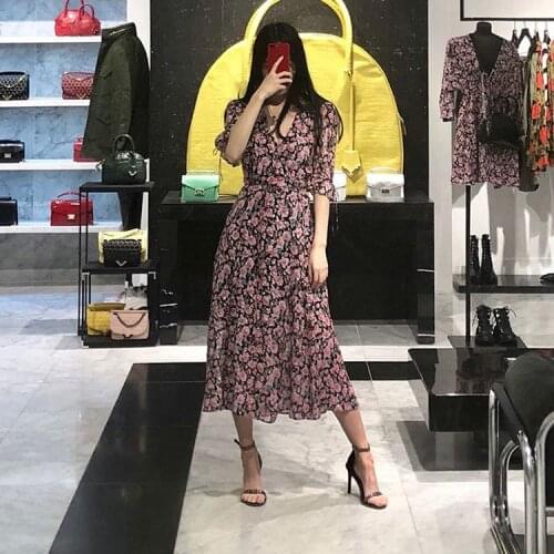 Women Dress 2019 Spring and Summer Puff Sleeve Print V-neck Lace Dress for holiday beach dress(no any label)