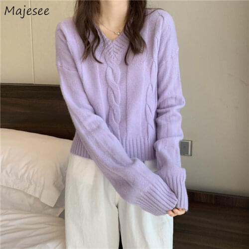 Pullovers Women Solid V-Neck Long Sleeve Knitted Sweater Ladies Lovely Sweet Girls Spring Autumn Casual Tops Chic Female Tops