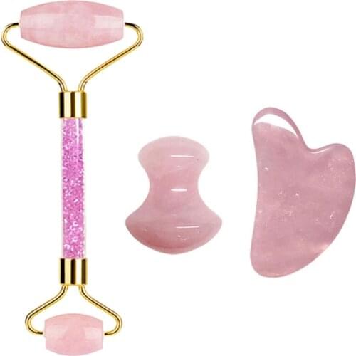 Rose Quartz Gouache Scraper Rhinestone Jade Roller Massager For Face Natural Gouache Stone Face Massage Roller Jade Massager Set