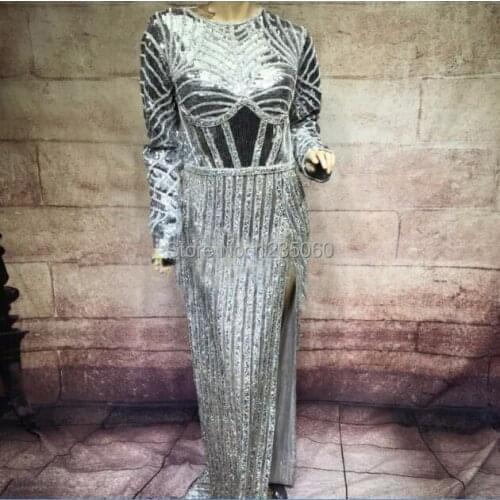 Silver Shining Rhinestones Sequins Luxury Dress Female Singer Costume Womens Birthday Celebrate Party Stage Performance Dresses