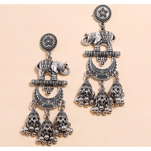 Vintage Big Elephant Drop Earrings For Women Ethnic Bells Tassel Earrings Pendients Boho Statement Indian Thailand Jewelry