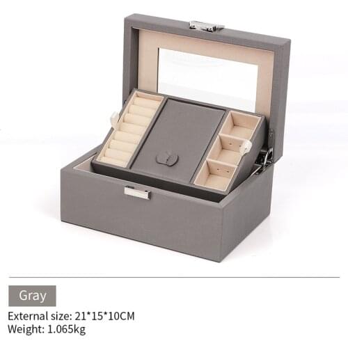 New Gray Pando Pu Leather Jewelry Display Box With Mirror For Femal Ring Earring Pendent Bracelet Showcase Jewellery Organizers