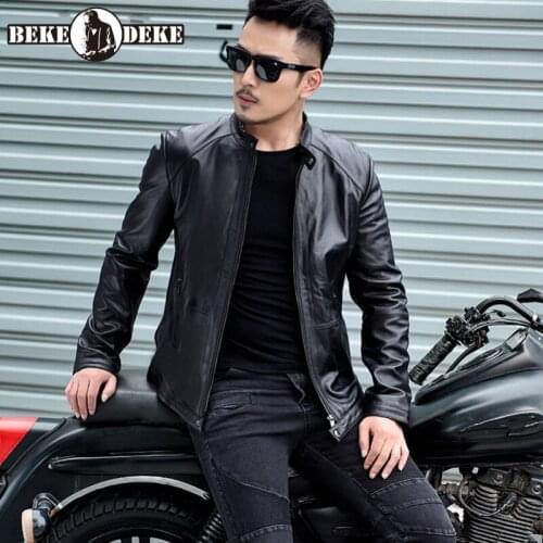 High Quality New Mens Short Slim Genuine Leather Biker Jacket O-Neck Zippers Pockets Sheepskin Fashion Korean Style Coat
