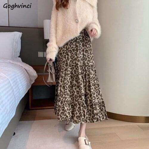 Skirts Women Leopard Loose High Waist Mid-calf Plus Velvet Thick Lady Clubwear Vintage Harajuku Streetwear A-Line Winter Fashion