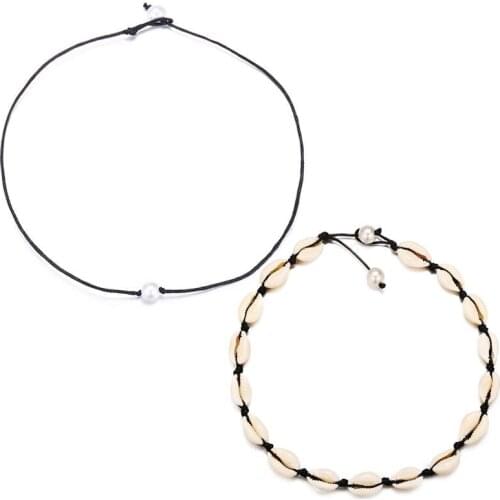 Womans Necklaces Artificial Pearl Shell necklace Jewelry2PCS Round Necklace Ladies Bead Pendant Chain black white Color Trendy
