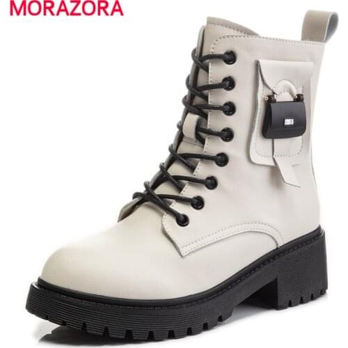 MORAZORA 2022 New Genuine Leather Ankle Boots Lace Up Square Heels Autumn Shoes Fashion Ladies Motorcycle Boots Female Shoes