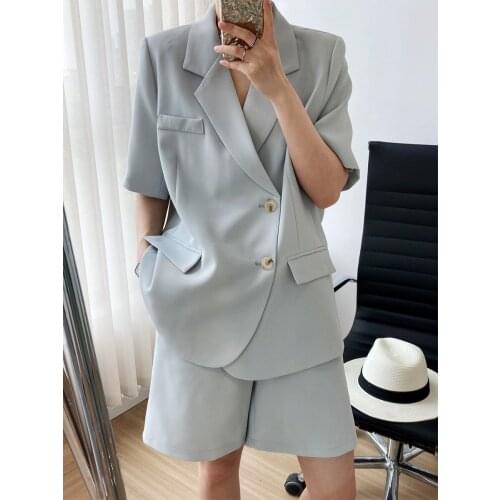 2021 Summer Thin Short Sleeve Suit Jacket + Suit Shorts Casual Loose Blazer Womens Two Piece Set 297