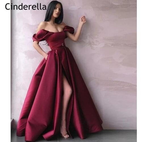Off The Shoulder Prom Dresses Scoop Floor Length Sweep Train A-Line Zipper Back Satin Prom Dresses vestidos de fiesta de noche