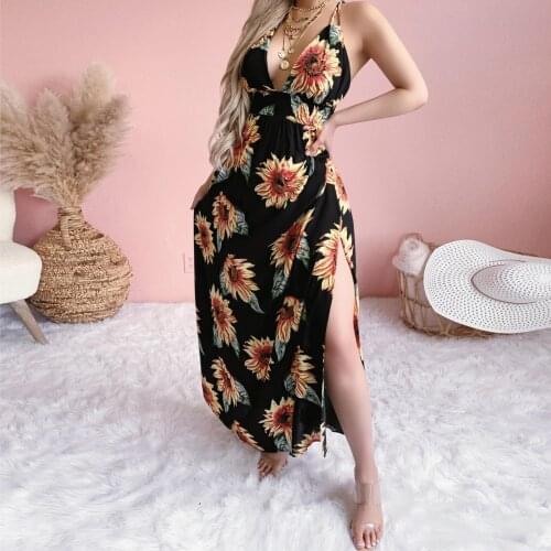 Floral Print Women Dress Sexy Deep V Neck Party Dress Summer Split Boho Dress Women Casual Beach Long Dress Vestido De Mujer
