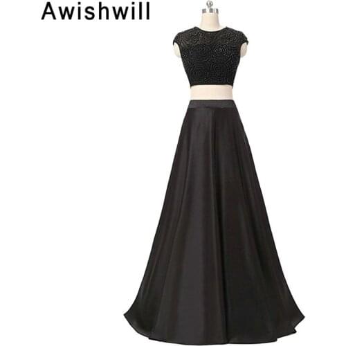 Robe de Soiree Real Photo Elegant Black Party Dress Long Handmade Beadings Satin 2 Piece Women Formal Evening Gowns Dresses 2020