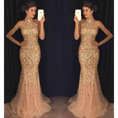 Gold Mermaid Prom Dresses Luxury Beading Tulle High Neck Floor Length Formal Gown Long Evening Wear 2019 Shiny