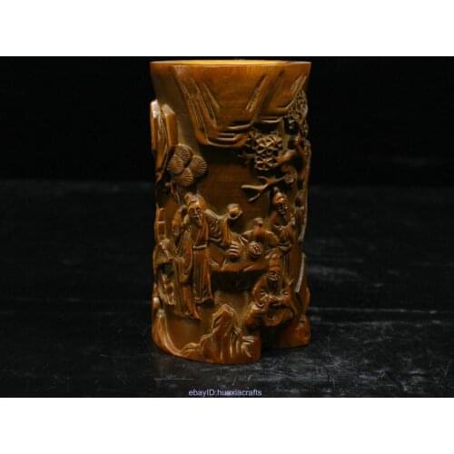 13cm Collect China Boxwood Wood Hand carved Pine Scenery Elderly Brush pot HCPU
