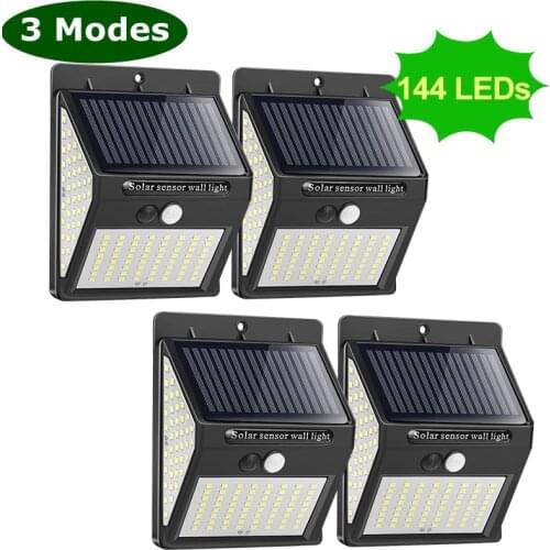4Pcs 144LED Solar Wall Light Outdoors 3 Modes PIR Motion Sensor Waterproof Sunlight Yard Street Lights Garden Decoration Lamps