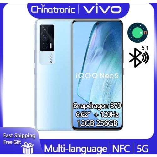 New iQOO Neo 5 12GB 256GB 5G Mobile Phone Snapdragon 870 6.62"120Hz AMOLED 4400mAh Battery 66W Fast Charge 48MP OTG NFC
