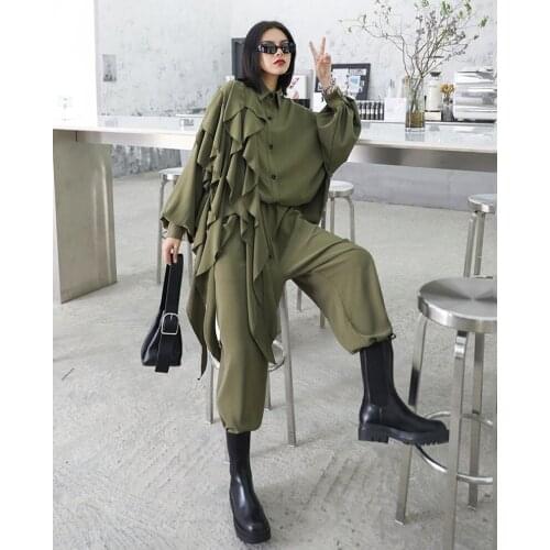 Wide Leg Pants Ruffles Big Size Two Piece Suit 2021 New Lapel Long Sleeve Black Loose Women Fashion Spring Autumn 2-piece Set