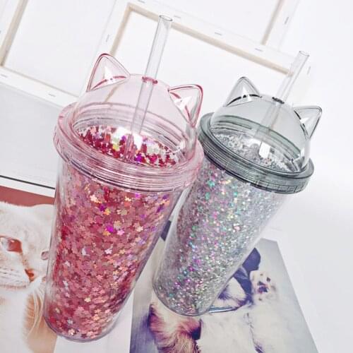 New Cute Cat Ear Flash Film Double Layer Water Cup Creative Plastic Drinking Bottle Straw Cup For School Office 420ML