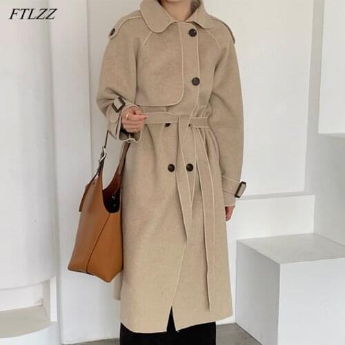 FTLZZ New Spring Women Elegant Turn-down Collar Double Breasted Woolen Coat Casual Loose Solid Long Coat with Belt