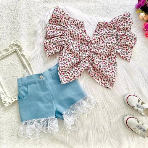 2 Pieces Kids Girl Clothes Set Flower Print V-Neck Short Sleeve Tops Lace Trim Denim Shorts for 1-6 Years Girls Summer Clothing
