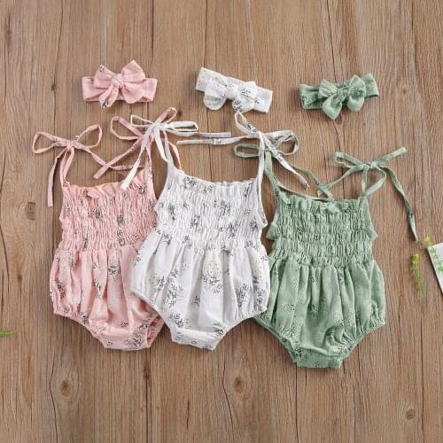0-18M Cute Infant Baby Girl Floral Romper Summer New Straps Bandage Floral Print Pleated Playsuit+Headband 2pcs Outfits