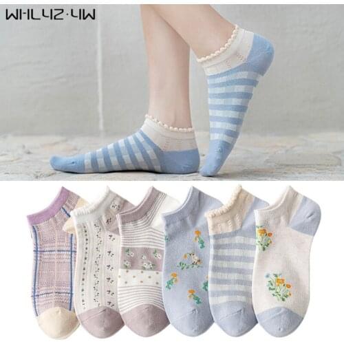 Pure Cotton Woman Girl Harajuku Happy Socks Japanese Style Flowers Striped Breathable Ankle Invisible Socks Street Fashion