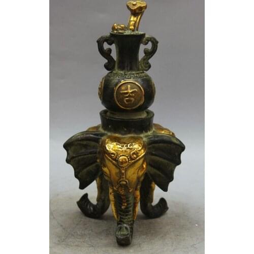 Song voge gem S1829 11" Chinese Bronze Gild Ru Yi Auspicious Safety 3 Foot Elephant Head Vase Statue