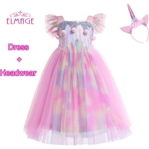 2019 pink Girl Unicorn Dresses for Girls Rainbow Princess Party Dresses Flower Birthday Cosplay Halloween Costume Girls Clothing
