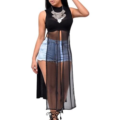 Casual Dress Summer New Womens Long Elegant Party Slim Sleeveless Beach Dress for Female O-Neck Mesh Split Dresses Black