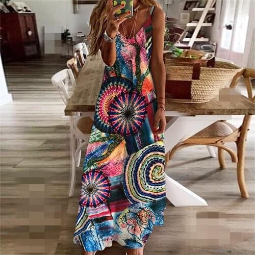 Harajuku Women Dresses Abstract pattern Tropical Print Halter Backless Maxi Dress Sexy Sleeveless Beach Dress Retro strap dress