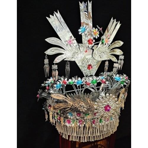 5 Designs Colorful Beads Ethnic Miao Silver Hat Not Color Fading Miao Hat with Horn for Festivals Stage Performance Photography
