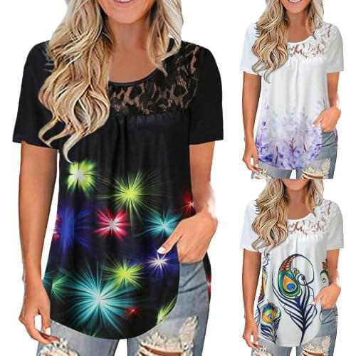 Women O-Neck Short Sleeve T-Shirt Fashion Lace Printing Splicing Blouse Tops Personalized Printing Daily All-match Girls Shirt